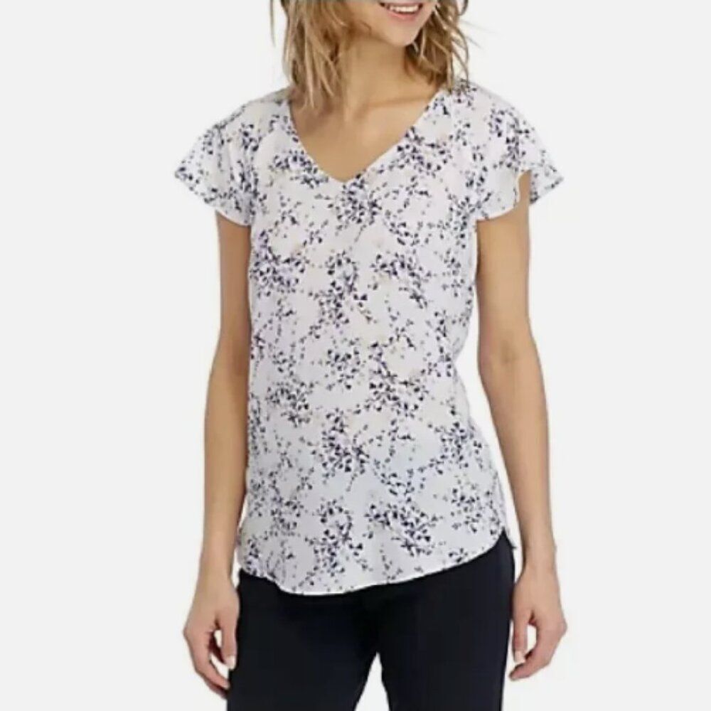 Nine West Blue Beige Crepe Short Flutter Sleeve V-Neck Blouse Size XL